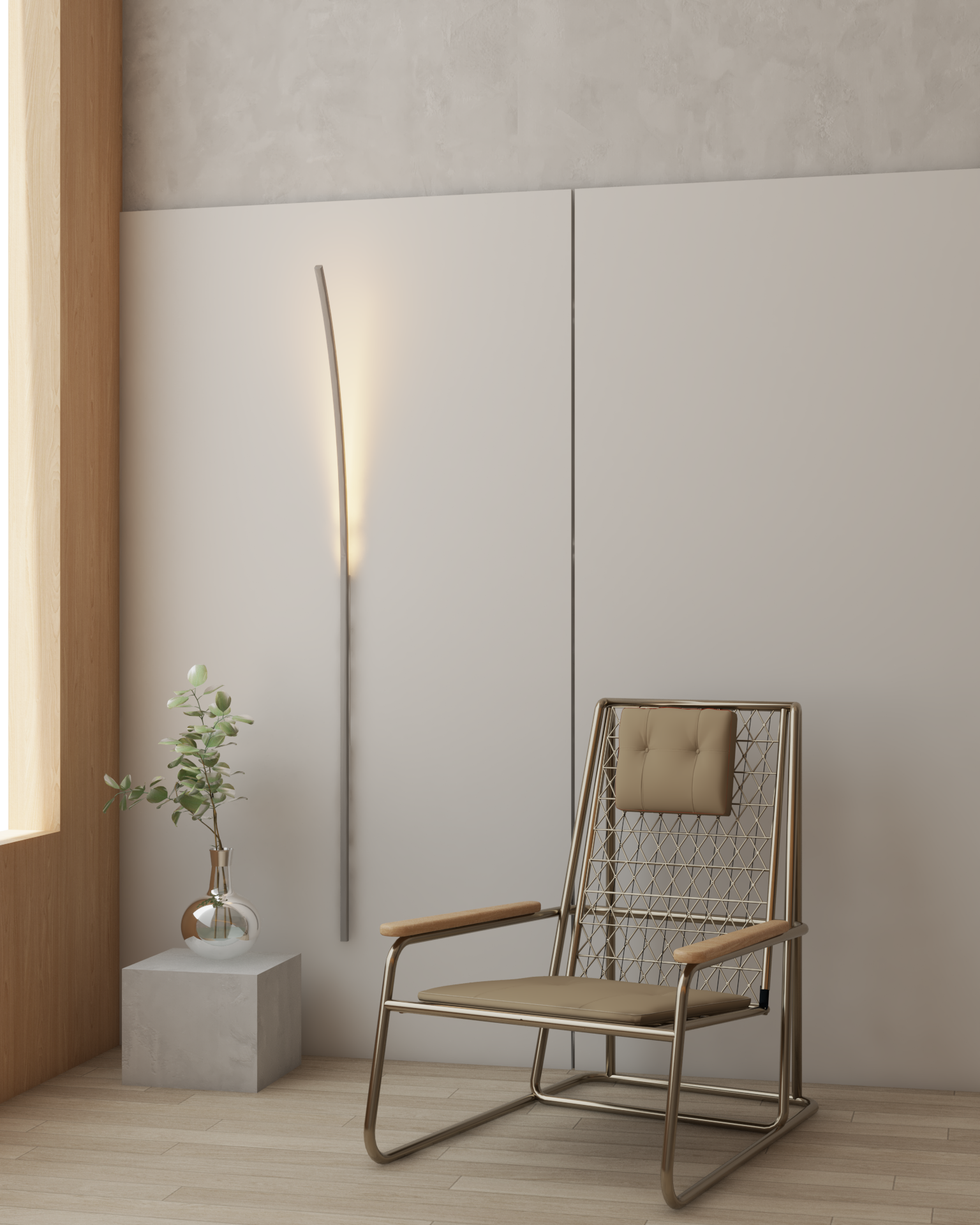 Arandela moderna fio 50cm instalada em parede de ambiente interno, iluminando com luz suave e decorando espaço sofisticado com mesa de mármore e prateleiras ao fundo.